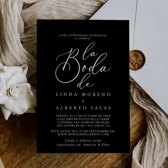 Calligraphy Formal Black White La Boda de Wedding Invitation | Zazzle