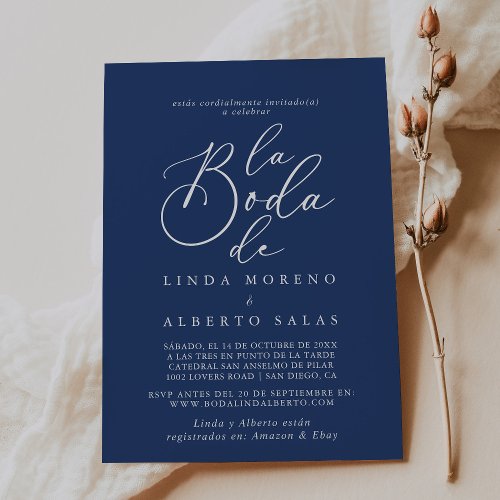 Calligraphy Formal Blue White La Boda de Wedding Invitation