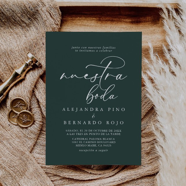 Calligraphy Formal Green Nuestra Boda Wedding Invitation (Creator Uploaded)