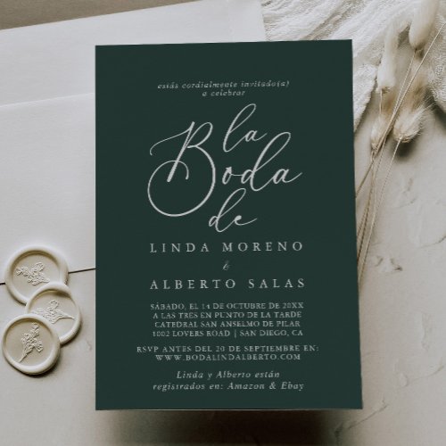 Calligraphy Formal Green White La Boda de Wedding Invitation