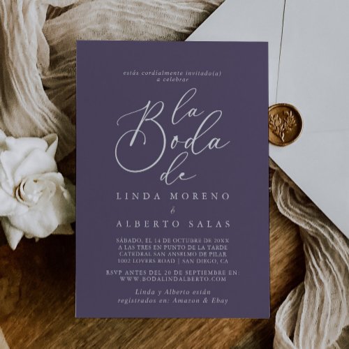 Calligraphy Formal Purple La Boda de Wedding Invitation