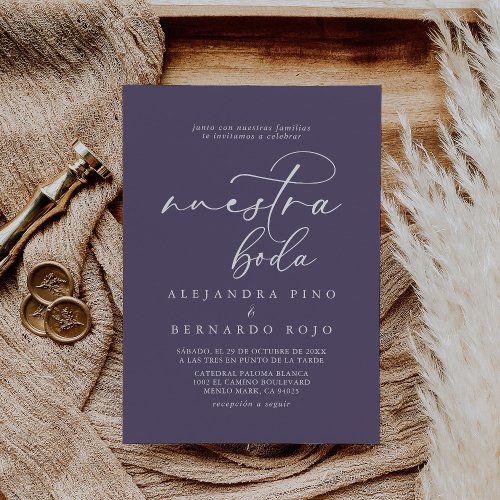 Calligraphy Formal Purple Nuestra Boda Wedding Invitation