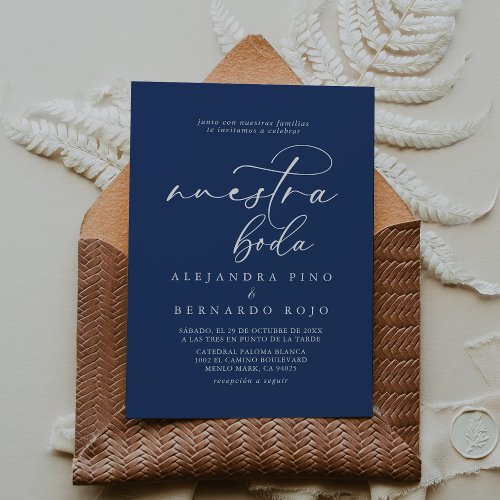 Calligraphy Formal Royal Blue Nuestra Boda Wedding Invitation