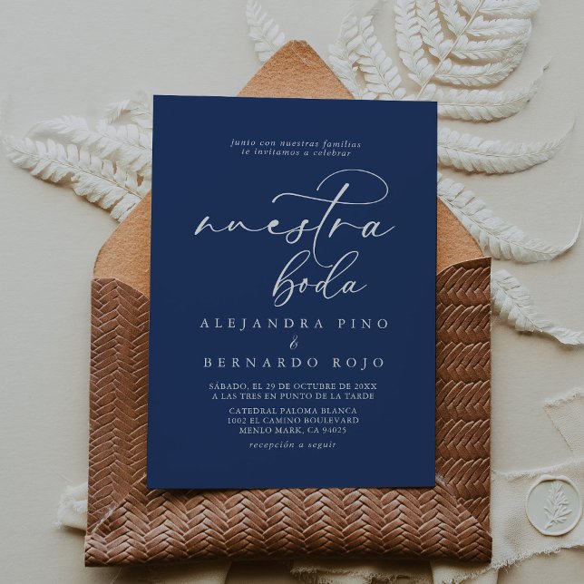 Calligraphy Formal Royal Blue Nuestra Boda Wedding Invitation (Creator Uploaded)