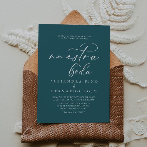 Calligraphy Formal Teal Blue Nuestra Boda Wedding Invitation