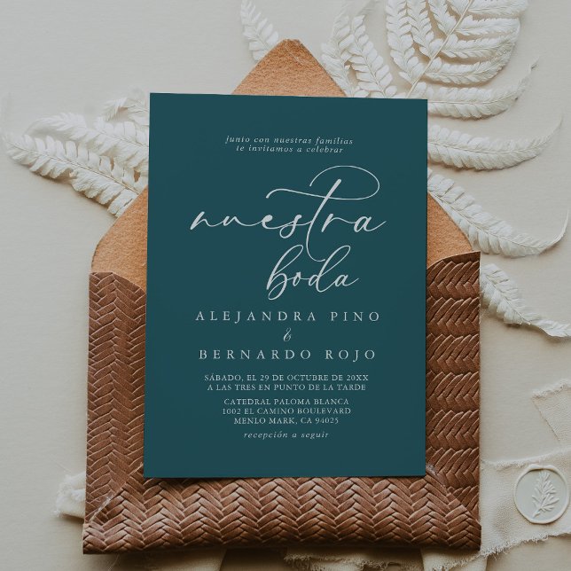 Calligraphy Formal Teal Blue Nuestra Boda Wedding Invitation (Creator Uploaded)