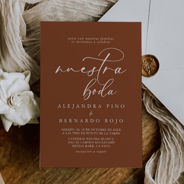 Calligraphy Formal Terracotta Nuestra Boda Wedding Invitation (Creator Uploaded)