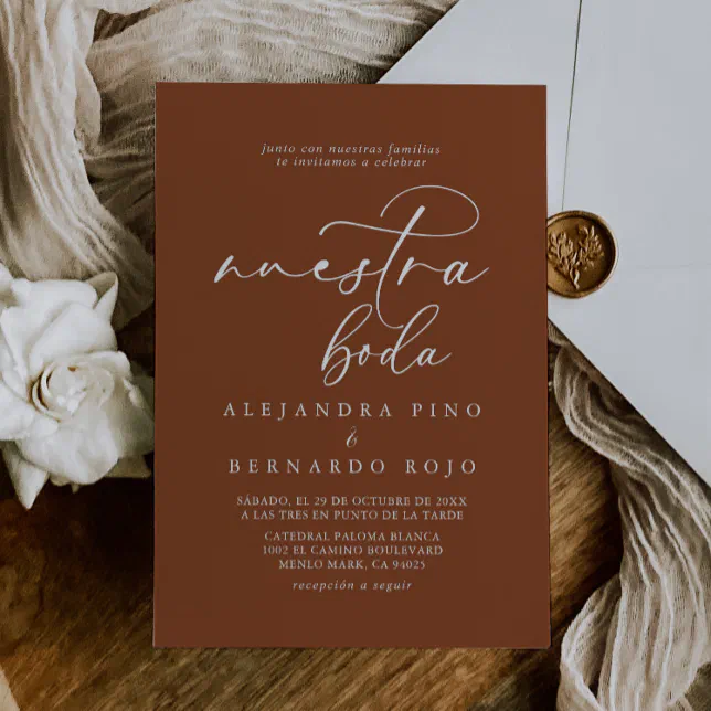 Calligraphy Formal Terracotta Nuestra Boda Wedding Invitation | Zazzle