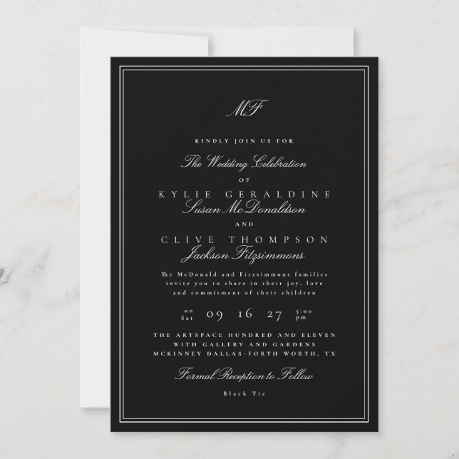 Calligraphy & Framed Classic Black Tie Wedding Invitation (Front)