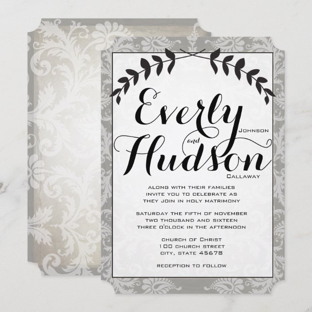 Calligraphy Garland Vintage Damask Wedding Invitation (Front/Back)