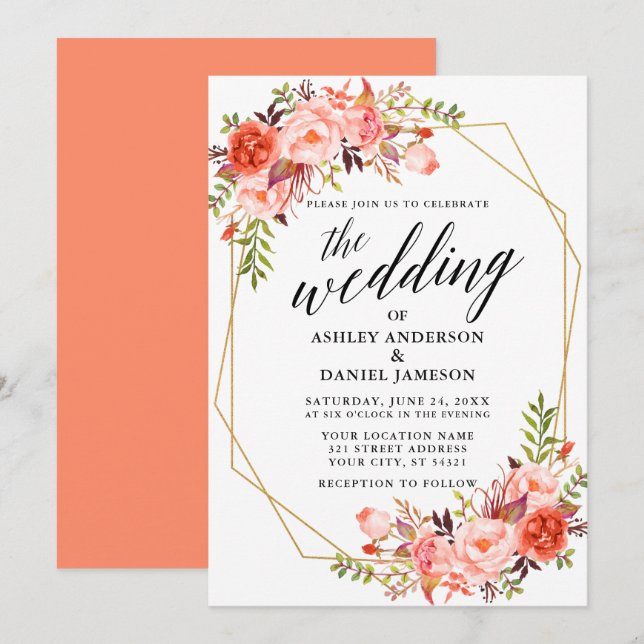 Calligraphy Geometric Coral Floral Wedding Invitation (Front/Back)
