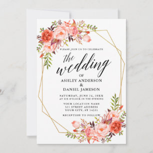 Calligraphy Geometric Wedding Coral Floral Invitation