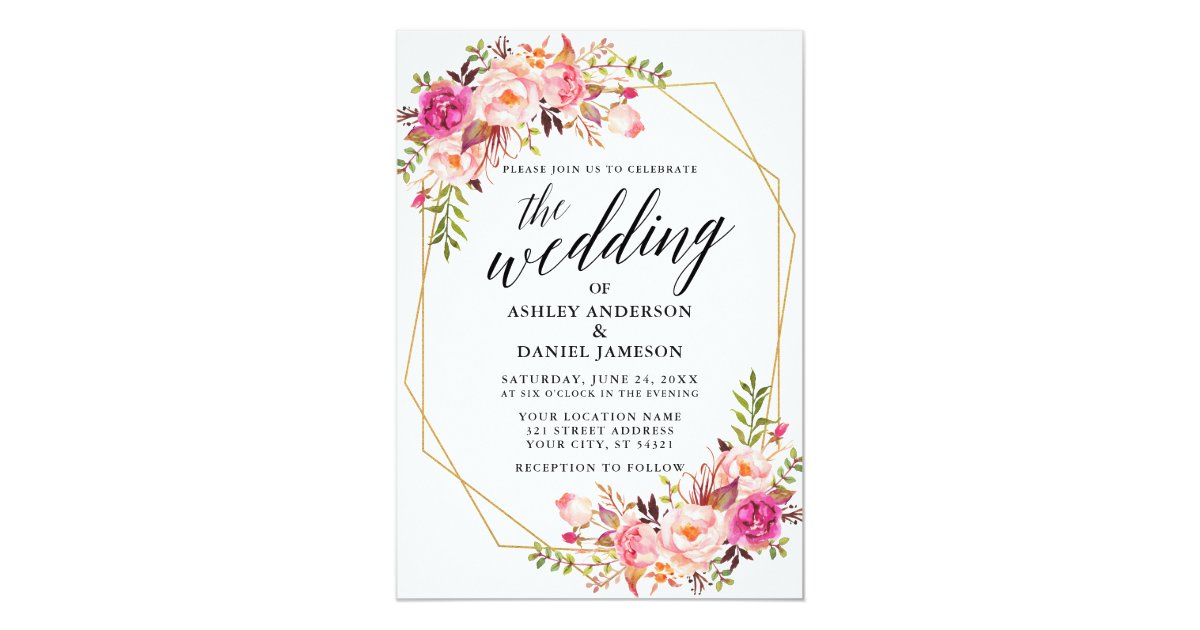 Calligraphy Geometric Wedding Pink Blush Floral Invitation ...