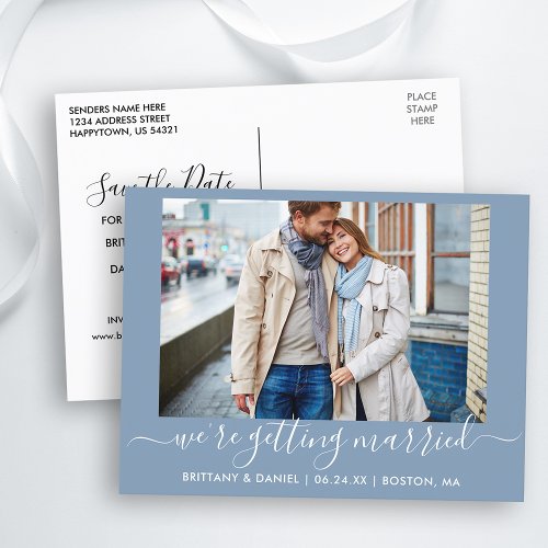 Calligraphy Getting Married Blue Save The Date Postcard