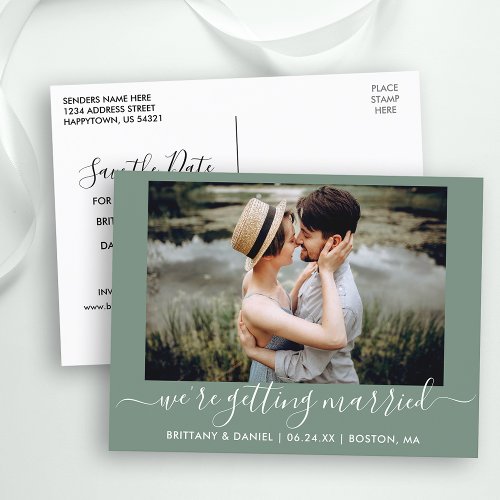 Calligraphy Getting Married Green Save The Date Postcard