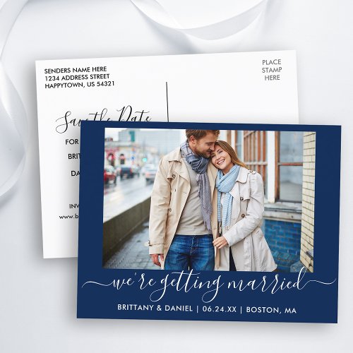 Calligraphy Getting Married Save The Date Blue Postcard