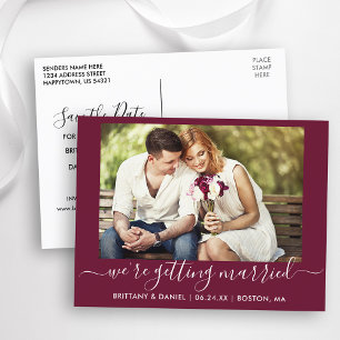 Calligraphy Getting Married Save The Date Burgundy Postcard