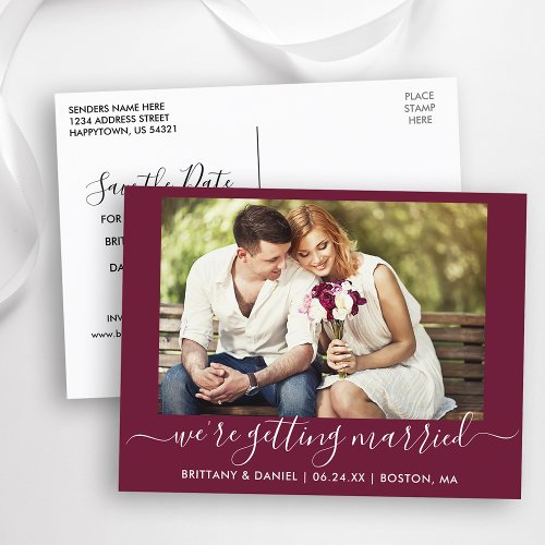 Calligraphy Getting Married Save The Date Burgundy Postcard