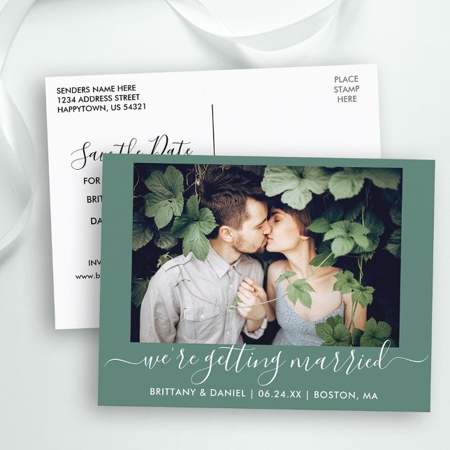 Calligraphy Getting Married Save The Date Green Postcard (Customize to change text size, text style or background color.)