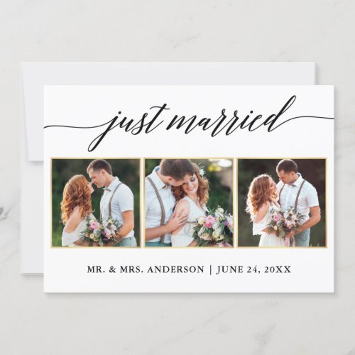 Calligraphy Gold 3 Photo Just Married Card