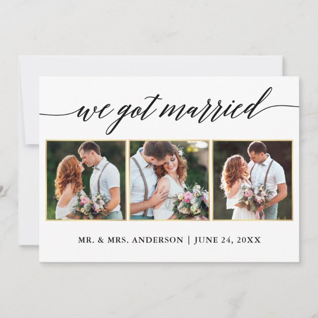 Calligraphy Gold 3 Photo Wedding Announcement Card (Front)