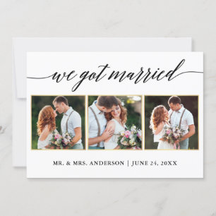 Calligraphy Gold 3 Photo Wedding Announcement Card