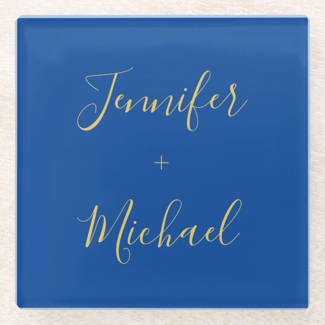 Calligraphy Gold Blue Color Custom Personal Edit Glass Coaster (Front)