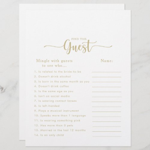 Calligraphy Gold Bridal Shower Find the Guest Game