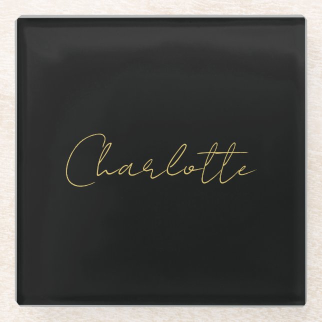 Calligraphy Gold Color Black Custom Personal Edit Glass Coaster (Front)