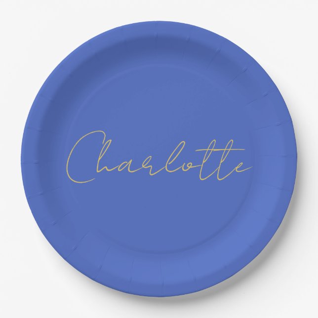 Calligraphy Gold Color Deep Royal Custom Name Paper Plates (Front)