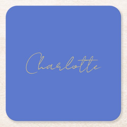 Calligraphy Gold Color Deep Royal Custom Name Square Paper Coaster