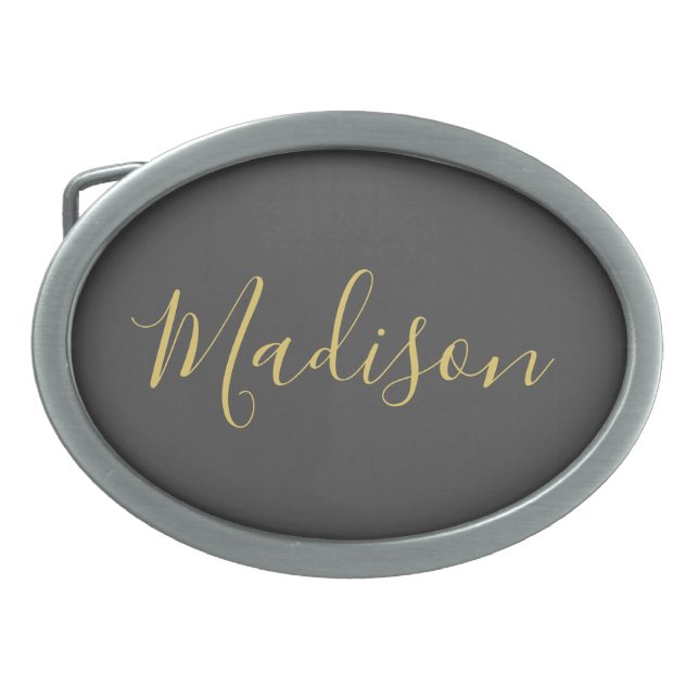 Calligraphy Gold Color Grey Custom Personal Edit Belt Buckle (Front)