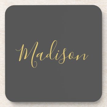 Calligraphy Gold Color Grey Custom Personal Edit Beverage Coaster by hizli_art at Zazzle