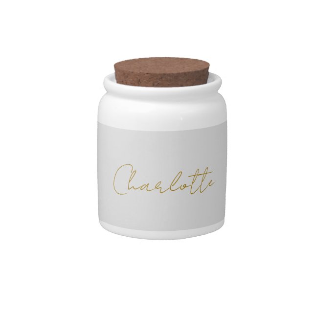 Calligraphy Gold Color Grey Custom Personal Edit Candy Jar (Front)