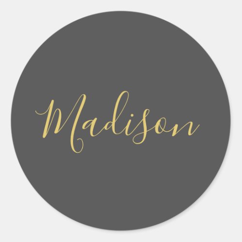 Calligraphy Gold Color Grey Custom Personal Edit Classic Round Sticker