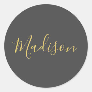 Calligraphy Gold Color Grey Custom Personal Edit Classic Round Sticker