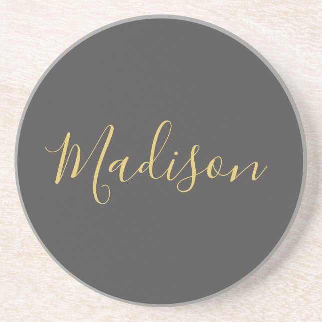Calligraphy Gold Color Grey Custom Personal Edit Coaster (Front)