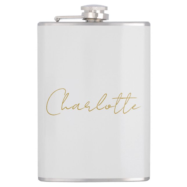 Calligraphy Gold Color Grey Custom Personal Edit Flask (Front)