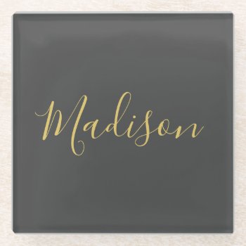 Calligraphy Gold Color Grey Custom Personal Edit Glass Coaster by hizli_art at Zazzle