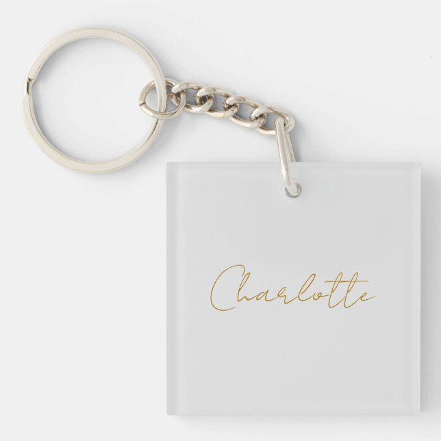 Calligraphy Gold Color Grey Custom Personal Edit Keychain (Front)