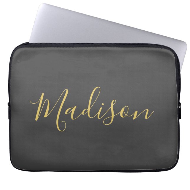 Calligraphy Gold Color Grey Custom Personal Edit Laptop Sleeve (Front)