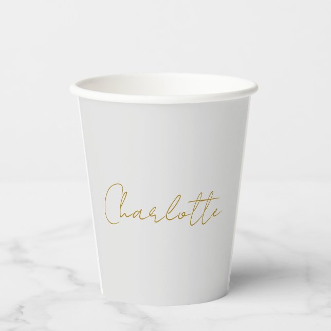 Calligraphy Gold Color Grey Custom Personal Edit Paper Cups (Front)