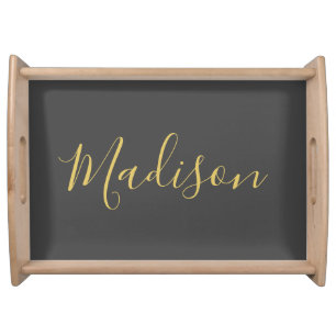 Calligraphy Gold Color Grey Custom Personal Edit Serving Tray