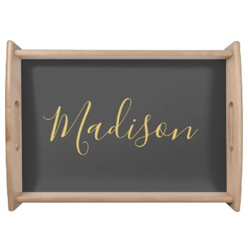 Calligraphy Gold Color Grey Custom Personal Edit Serving Tray by hizli_art at Zazzle