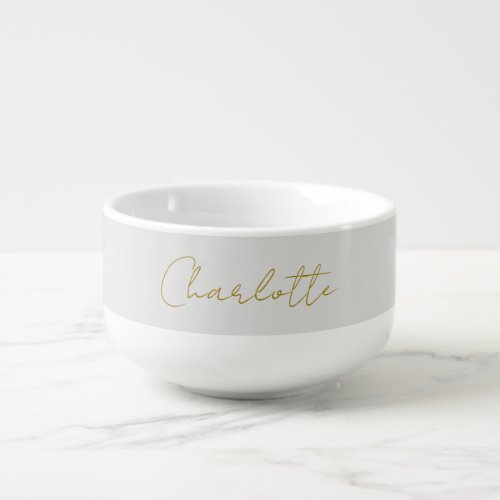 Calligraphy Gold Color Grey Custom Personal Edit Soup Mug
