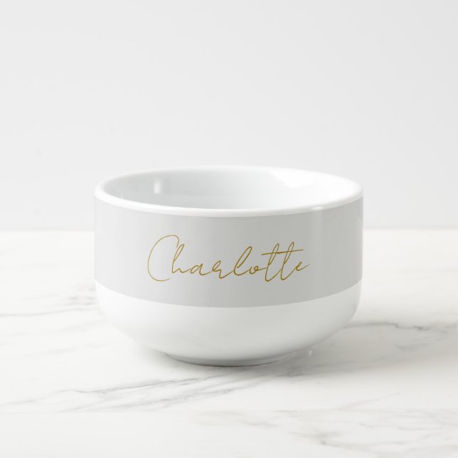 Calligraphy Gold Color Grey Custom Personal Edit Soup Mug (Front)