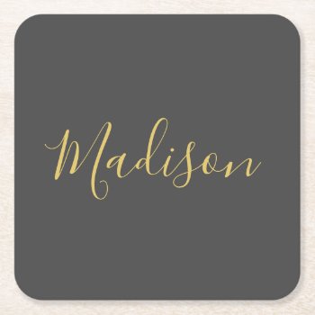 Calligraphy Gold Color Grey Custom Personal Edit Square Paper Coaster by hizli_art at Zazzle