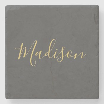 Calligraphy Gold Color Grey Custom Personal Edit Stone Coaster by hizli_art at Zazzle