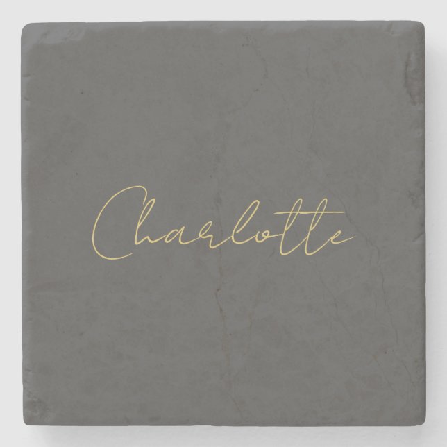 Calligraphy Gold Color Grey Custom Personal Edit Stone Coaster (Front)