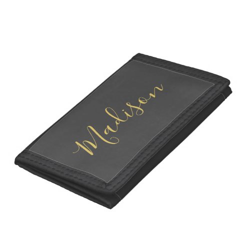 Calligraphy Gold Color Grey Custom Personal Edit Trifold Wallet